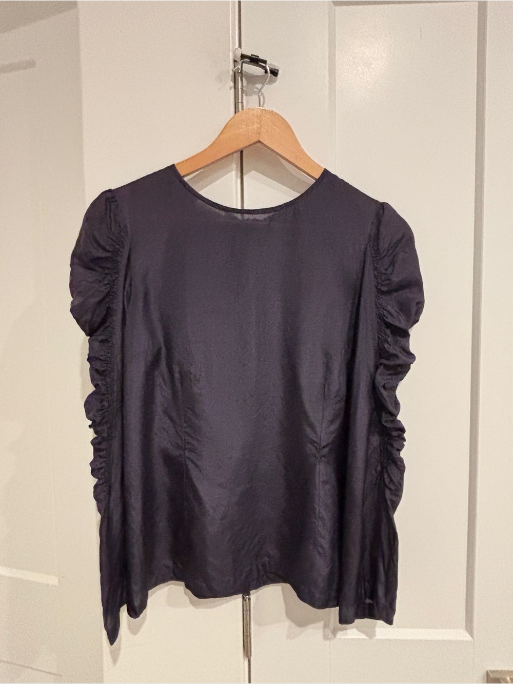 Dries Van Noten Navy Silk Satin Ruched Sleeve Blouse